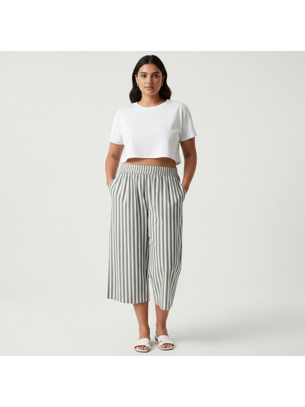 French Laundry 2X Smocked Waist Striped Cropped Wide Leg Pants Gray White